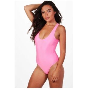 Boohoo Petite Barbie Pink Scoop Back Basic One Piece Bathing Suit Large (14)
